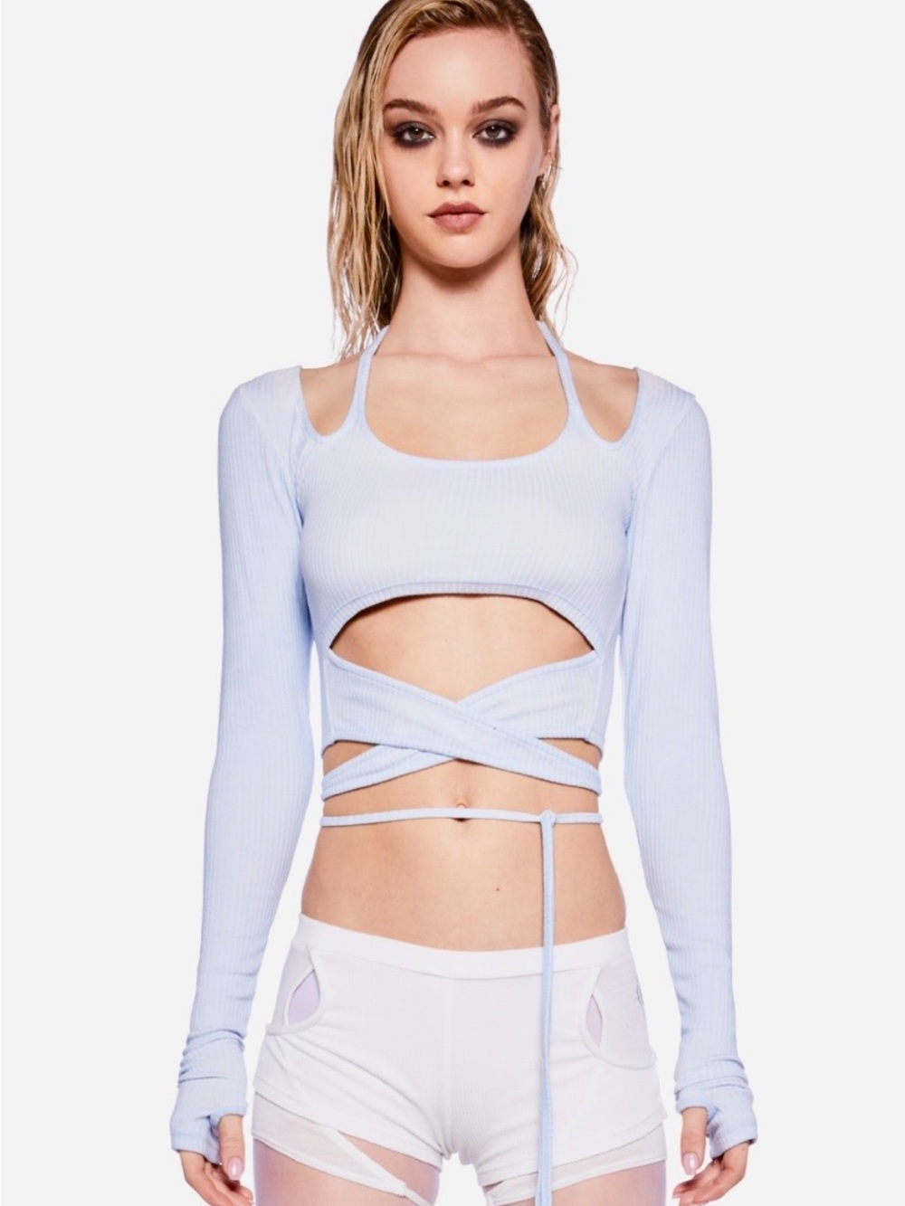 DOLLS KILL DARKER WAVS
PITCH STRAPPY RIBBED LONG SLEEVE TOP
GRAY / MEDIUM